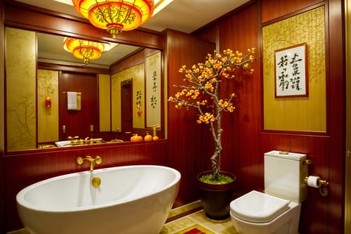 photo from pinterest of chinese new year-style interior designed (hotel bathroom interior) with waste basket and bathroom sink with faucet and shower and bathroom cabinet and bathtub and plant and toilet seat and mirror. . with red and gold candles and chinese knots and kumquat trees and zodiac calendar and vases of plum blossoms and orchids and orange trees and gold ingots and money tree. . cinematic photo, highly detailed, cinematic lighting, ultra-detailed, ultrarealistic, photorealism, 8k. trending on pinterest. chinese new year interior design style. masterpiece, cinematic light, ultrarealistic+, photorealistic+, 8k, raw photo, realistic, sharp focus on eyes, (symmetrical eyes), (intact eyes), hyperrealistic, highest quality, best quality, , highly detailed, masterpiece, best quality, extremely detailed 8k wallpaper, masterpiece, best quality, ultra-detailed, best shadow, detailed background, detailed face, detailed eyes, high contrast, best illumination, detailed face, dulux, caustic, dynamic angle, detailed glow. dramatic lighting. highly detailed, insanely detailed hair, symmetrical, intricate details, professionally retouched, 8k high definition. strong bokeh. award winning photo.