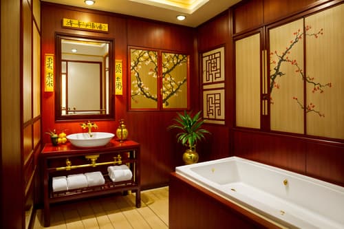 photo from pinterest of chinese new year-style interior designed (hotel bathroom interior) with waste basket and bathroom sink with faucet and shower and bathroom cabinet and bathtub and plant and toilet seat and mirror. . with red and gold candles and chinese knots and kumquat trees and zodiac calendar and vases of plum blossoms and orchids and orange trees and gold ingots and money tree. . cinematic photo, highly detailed, cinematic lighting, ultra-detailed, ultrarealistic, photorealism, 8k. trending on pinterest. chinese new year interior design style. masterpiece, cinematic light, ultrarealistic+, photorealistic+, 8k, raw photo, realistic, sharp focus on eyes, (symmetrical eyes), (intact eyes), hyperrealistic, highest quality, best quality, , highly detailed, masterpiece, best quality, extremely detailed 8k wallpaper, masterpiece, best quality, ultra-detailed, best shadow, detailed background, detailed face, detailed eyes, high contrast, best illumination, detailed face, dulux, caustic, dynamic angle, detailed glow. dramatic lighting. highly detailed, insanely detailed hair, symmetrical, intricate details, professionally retouched, 8k high definition. strong bokeh. award winning photo.