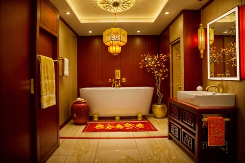 photo from pinterest of chinese new year-style interior designed (hotel bathroom interior) with waste basket and bathroom sink with faucet and shower and bathroom cabinet and bathtub and plant and toilet seat and mirror. . with red and gold candles and chinese knots and kumquat trees and zodiac calendar and vases of plum blossoms and orchids and orange trees and gold ingots and money tree. . cinematic photo, highly detailed, cinematic lighting, ultra-detailed, ultrarealistic, photorealism, 8k. trending on pinterest. chinese new year interior design style. masterpiece, cinematic light, ultrarealistic+, photorealistic+, 8k, raw photo, realistic, sharp focus on eyes, (symmetrical eyes), (intact eyes), hyperrealistic, highest quality, best quality, , highly detailed, masterpiece, best quality, extremely detailed 8k wallpaper, masterpiece, best quality, ultra-detailed, best shadow, detailed background, detailed face, detailed eyes, high contrast, best illumination, detailed face, dulux, caustic, dynamic angle, detailed glow. dramatic lighting. highly detailed, insanely detailed hair, symmetrical, intricate details, professionally retouched, 8k high definition. strong bokeh. award winning photo.
