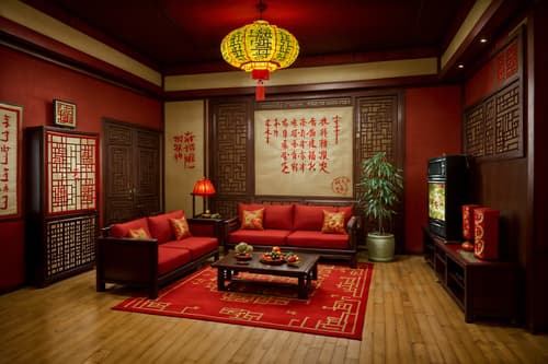photo from pinterest of chinese new year-style interior designed (kitchen living combo interior) with televisions and refrigerator and furniture and plant and coffee tables and rug and occasional tables and chairs. . with money tree and red fabric & pillows and paper firecrackers and chinese knots and chinese red lanterns and door couplets and kumquat trees and zodiac calendar. . cinematic photo, highly detailed, cinematic lighting, ultra-detailed, ultrarealistic, photorealism, 8k. trending on pinterest. chinese new year interior design style. masterpiece, cinematic light, ultrarealistic+, photorealistic+, 8k, raw photo, realistic, sharp focus on eyes, (symmetrical eyes), (intact eyes), hyperrealistic, highest quality, best quality, , highly detailed, masterpiece, best quality, extremely detailed 8k wallpaper, masterpiece, best quality, ultra-detailed, best shadow, detailed background, detailed face, detailed eyes, high contrast, best illumination, detailed face, dulux, caustic, dynamic angle, detailed glow. dramatic lighting. highly detailed, insanely detailed hair, symmetrical, intricate details, professionally retouched, 8k high definition. strong bokeh. award winning photo.