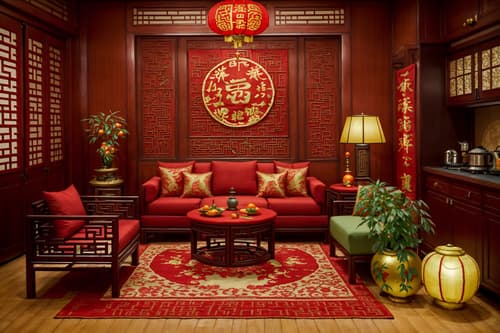 photo from pinterest of chinese new year-style interior designed (kitchen living combo interior) with televisions and refrigerator and furniture and plant and coffee tables and rug and occasional tables and chairs. . with money tree and red fabric & pillows and paper firecrackers and chinese knots and chinese red lanterns and door couplets and kumquat trees and zodiac calendar. . cinematic photo, highly detailed, cinematic lighting, ultra-detailed, ultrarealistic, photorealism, 8k. trending on pinterest. chinese new year interior design style. masterpiece, cinematic light, ultrarealistic+, photorealistic+, 8k, raw photo, realistic, sharp focus on eyes, (symmetrical eyes), (intact eyes), hyperrealistic, highest quality, best quality, , highly detailed, masterpiece, best quality, extremely detailed 8k wallpaper, masterpiece, best quality, ultra-detailed, best shadow, detailed background, detailed face, detailed eyes, high contrast, best illumination, detailed face, dulux, caustic, dynamic angle, detailed glow. dramatic lighting. highly detailed, insanely detailed hair, symmetrical, intricate details, professionally retouched, 8k high definition. strong bokeh. award winning photo.