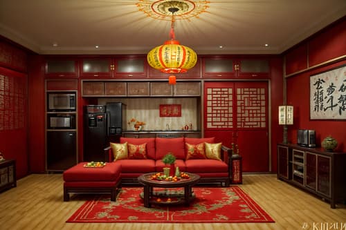 photo from pinterest of chinese new year-style interior designed (kitchen living combo interior) with televisions and refrigerator and furniture and plant and coffee tables and rug and occasional tables and chairs. . with money tree and red fabric & pillows and paper firecrackers and chinese knots and chinese red lanterns and door couplets and kumquat trees and zodiac calendar. . cinematic photo, highly detailed, cinematic lighting, ultra-detailed, ultrarealistic, photorealism, 8k. trending on pinterest. chinese new year interior design style. masterpiece, cinematic light, ultrarealistic+, photorealistic+, 8k, raw photo, realistic, sharp focus on eyes, (symmetrical eyes), (intact eyes), hyperrealistic, highest quality, best quality, , highly detailed, masterpiece, best quality, extremely detailed 8k wallpaper, masterpiece, best quality, ultra-detailed, best shadow, detailed background, detailed face, detailed eyes, high contrast, best illumination, detailed face, dulux, caustic, dynamic angle, detailed glow. dramatic lighting. highly detailed, insanely detailed hair, symmetrical, intricate details, professionally retouched, 8k high definition. strong bokeh. award winning photo.