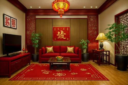 photo from pinterest of chinese new year-style interior designed (kitchen living combo interior) with televisions and refrigerator and furniture and plant and coffee tables and rug and occasional tables and chairs. . with money tree and red fabric & pillows and paper firecrackers and chinese knots and chinese red lanterns and door couplets and kumquat trees and zodiac calendar. . cinematic photo, highly detailed, cinematic lighting, ultra-detailed, ultrarealistic, photorealism, 8k. trending on pinterest. chinese new year interior design style. masterpiece, cinematic light, ultrarealistic+, photorealistic+, 8k, raw photo, realistic, sharp focus on eyes, (symmetrical eyes), (intact eyes), hyperrealistic, highest quality, best quality, , highly detailed, masterpiece, best quality, extremely detailed 8k wallpaper, masterpiece, best quality, ultra-detailed, best shadow, detailed background, detailed face, detailed eyes, high contrast, best illumination, detailed face, dulux, caustic, dynamic angle, detailed glow. dramatic lighting. highly detailed, insanely detailed hair, symmetrical, intricate details, professionally retouched, 8k high definition. strong bokeh. award winning photo.