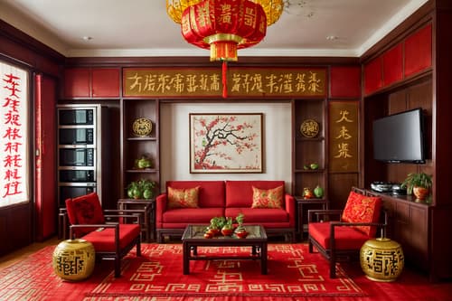 photo from pinterest of chinese new year-style interior designed (kitchen living combo interior) with televisions and refrigerator and furniture and plant and coffee tables and rug and occasional tables and chairs. . with money tree and red fabric & pillows and paper firecrackers and chinese knots and chinese red lanterns and door couplets and kumquat trees and zodiac calendar. . cinematic photo, highly detailed, cinematic lighting, ultra-detailed, ultrarealistic, photorealism, 8k. trending on pinterest. chinese new year interior design style. masterpiece, cinematic light, ultrarealistic+, photorealistic+, 8k, raw photo, realistic, sharp focus on eyes, (symmetrical eyes), (intact eyes), hyperrealistic, highest quality, best quality, , highly detailed, masterpiece, best quality, extremely detailed 8k wallpaper, masterpiece, best quality, ultra-detailed, best shadow, detailed background, detailed face, detailed eyes, high contrast, best illumination, detailed face, dulux, caustic, dynamic angle, detailed glow. dramatic lighting. highly detailed, insanely detailed hair, symmetrical, intricate details, professionally retouched, 8k high definition. strong bokeh. award winning photo.