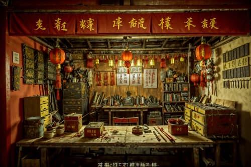 photo from pinterest of chinese new year-style interior designed (workshop interior) with messy and wooden workbench and tool wall and messy. . with paper firecrackers and zodiac calendar and orange trees and door couplets and red and gold tassels and red and gold candles and mei hwa flowers and kumquat trees. . cinematic photo, highly detailed, cinematic lighting, ultra-detailed, ultrarealistic, photorealism, 8k. trending on pinterest. chinese new year interior design style. masterpiece, cinematic light, ultrarealistic+, photorealistic+, 8k, raw photo, realistic, sharp focus on eyes, (symmetrical eyes), (intact eyes), hyperrealistic, highest quality, best quality, , highly detailed, masterpiece, best quality, extremely detailed 8k wallpaper, masterpiece, best quality, ultra-detailed, best shadow, detailed background, detailed face, detailed eyes, high contrast, best illumination, detailed face, dulux, caustic, dynamic angle, detailed glow. dramatic lighting. highly detailed, insanely detailed hair, symmetrical, intricate details, professionally retouched, 8k high definition. strong bokeh. award winning photo.