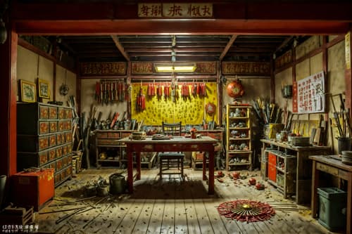 photo from pinterest of chinese new year-style interior designed (workshop interior) with messy and wooden workbench and tool wall and messy. . with paper firecrackers and zodiac calendar and orange trees and door couplets and red and gold tassels and red and gold candles and mei hwa flowers and kumquat trees. . cinematic photo, highly detailed, cinematic lighting, ultra-detailed, ultrarealistic, photorealism, 8k. trending on pinterest. chinese new year interior design style. masterpiece, cinematic light, ultrarealistic+, photorealistic+, 8k, raw photo, realistic, sharp focus on eyes, (symmetrical eyes), (intact eyes), hyperrealistic, highest quality, best quality, , highly detailed, masterpiece, best quality, extremely detailed 8k wallpaper, masterpiece, best quality, ultra-detailed, best shadow, detailed background, detailed face, detailed eyes, high contrast, best illumination, detailed face, dulux, caustic, dynamic angle, detailed glow. dramatic lighting. highly detailed, insanely detailed hair, symmetrical, intricate details, professionally retouched, 8k high definition. strong bokeh. award winning photo.