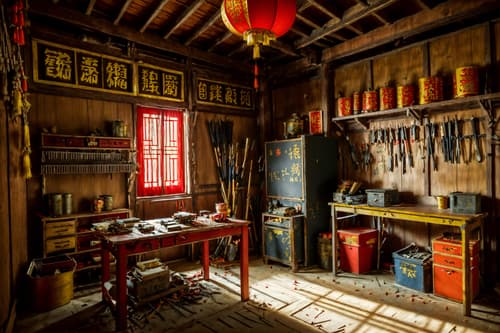 photo from pinterest of chinese new year-style interior designed (workshop interior) with messy and wooden workbench and tool wall and messy. . with paper firecrackers and zodiac calendar and orange trees and door couplets and red and gold tassels and red and gold candles and mei hwa flowers and kumquat trees. . cinematic photo, highly detailed, cinematic lighting, ultra-detailed, ultrarealistic, photorealism, 8k. trending on pinterest. chinese new year interior design style. masterpiece, cinematic light, ultrarealistic+, photorealistic+, 8k, raw photo, realistic, sharp focus on eyes, (symmetrical eyes), (intact eyes), hyperrealistic, highest quality, best quality, , highly detailed, masterpiece, best quality, extremely detailed 8k wallpaper, masterpiece, best quality, ultra-detailed, best shadow, detailed background, detailed face, detailed eyes, high contrast, best illumination, detailed face, dulux, caustic, dynamic angle, detailed glow. dramatic lighting. highly detailed, insanely detailed hair, symmetrical, intricate details, professionally retouched, 8k high definition. strong bokeh. award winning photo.