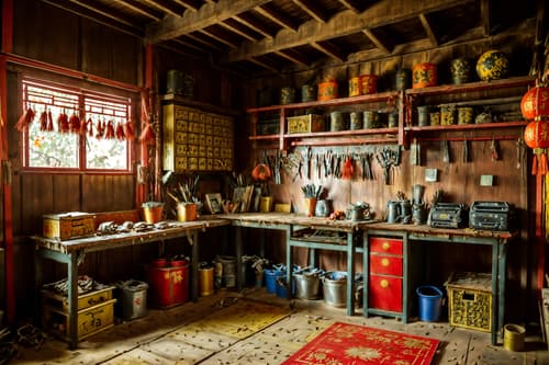 photo from pinterest of chinese new year-style interior designed (workshop interior) with messy and wooden workbench and tool wall and messy. . with paper firecrackers and zodiac calendar and orange trees and door couplets and red and gold tassels and red and gold candles and mei hwa flowers and kumquat trees. . cinematic photo, highly detailed, cinematic lighting, ultra-detailed, ultrarealistic, photorealism, 8k. trending on pinterest. chinese new year interior design style. masterpiece, cinematic light, ultrarealistic+, photorealistic+, 8k, raw photo, realistic, sharp focus on eyes, (symmetrical eyes), (intact eyes), hyperrealistic, highest quality, best quality, , highly detailed, masterpiece, best quality, extremely detailed 8k wallpaper, masterpiece, best quality, ultra-detailed, best shadow, detailed background, detailed face, detailed eyes, high contrast, best illumination, detailed face, dulux, caustic, dynamic angle, detailed glow. dramatic lighting. highly detailed, insanely detailed hair, symmetrical, intricate details, professionally retouched, 8k high definition. strong bokeh. award winning photo.