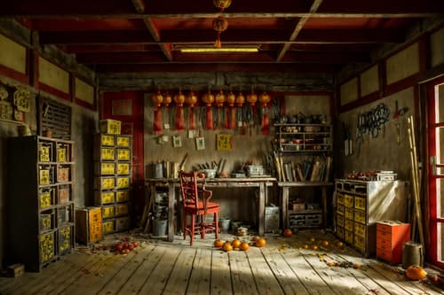 photo from pinterest of chinese new year-style interior designed (workshop interior) with messy and wooden workbench and tool wall and messy. . with paper firecrackers and zodiac calendar and orange trees and door couplets and red and gold tassels and red and gold candles and mei hwa flowers and kumquat trees. . cinematic photo, highly detailed, cinematic lighting, ultra-detailed, ultrarealistic, photorealism, 8k. trending on pinterest. chinese new year interior design style. masterpiece, cinematic light, ultrarealistic+, photorealistic+, 8k, raw photo, realistic, sharp focus on eyes, (symmetrical eyes), (intact eyes), hyperrealistic, highest quality, best quality, , highly detailed, masterpiece, best quality, extremely detailed 8k wallpaper, masterpiece, best quality, ultra-detailed, best shadow, detailed background, detailed face, detailed eyes, high contrast, best illumination, detailed face, dulux, caustic, dynamic angle, detailed glow. dramatic lighting. highly detailed, insanely detailed hair, symmetrical, intricate details, professionally retouched, 8k high definition. strong bokeh. award winning photo.