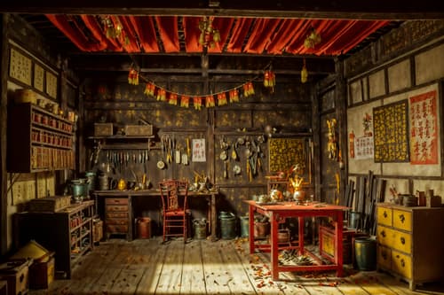 photo from pinterest of chinese new year-style interior designed (workshop interior) with messy and wooden workbench and tool wall and messy. . with paper firecrackers and zodiac calendar and orange trees and door couplets and red and gold tassels and red and gold candles and mei hwa flowers and kumquat trees. . cinematic photo, highly detailed, cinematic lighting, ultra-detailed, ultrarealistic, photorealism, 8k. trending on pinterest. chinese new year interior design style. masterpiece, cinematic light, ultrarealistic+, photorealistic+, 8k, raw photo, realistic, sharp focus on eyes, (symmetrical eyes), (intact eyes), hyperrealistic, highest quality, best quality, , highly detailed, masterpiece, best quality, extremely detailed 8k wallpaper, masterpiece, best quality, ultra-detailed, best shadow, detailed background, detailed face, detailed eyes, high contrast, best illumination, detailed face, dulux, caustic, dynamic angle, detailed glow. dramatic lighting. highly detailed, insanely detailed hair, symmetrical, intricate details, professionally retouched, 8k high definition. strong bokeh. award winning photo.