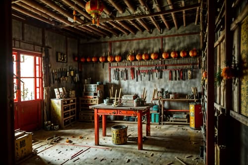 photo from pinterest of chinese new year-style interior designed (workshop interior) with messy and wooden workbench and tool wall and messy. . with paper firecrackers and zodiac calendar and orange trees and door couplets and red and gold tassels and red and gold candles and mei hwa flowers and kumquat trees. . cinematic photo, highly detailed, cinematic lighting, ultra-detailed, ultrarealistic, photorealism, 8k. trending on pinterest. chinese new year interior design style. masterpiece, cinematic light, ultrarealistic+, photorealistic+, 8k, raw photo, realistic, sharp focus on eyes, (symmetrical eyes), (intact eyes), hyperrealistic, highest quality, best quality, , highly detailed, masterpiece, best quality, extremely detailed 8k wallpaper, masterpiece, best quality, ultra-detailed, best shadow, detailed background, detailed face, detailed eyes, high contrast, best illumination, detailed face, dulux, caustic, dynamic angle, detailed glow. dramatic lighting. highly detailed, insanely detailed hair, symmetrical, intricate details, professionally retouched, 8k high definition. strong bokeh. award winning photo.