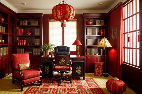 photo from pinterest of chinese new year-style interior designed (study room interior) with desk lamp and plant and writing desk and bookshelves and cabinets and lounge chair and office chair and desk lamp. . with zodiac calendar and door couplets and red and gold tassels and red fabric & pillows and chinese red lanterns and chinese knots and money tree and fai chun banners. . cinematic photo, highly detailed, cinematic lighting, ultra-detailed, ultrarealistic, photorealism, 8k. trending on pinterest. chinese new year interior design style. masterpiece, cinematic light, ultrarealistic+, photorealistic+, 8k, raw photo, realistic, sharp focus on eyes, (symmetrical eyes), (intact eyes), hyperrealistic, highest quality, best quality, , highly detailed, masterpiece, best quality, extremely detailed 8k wallpaper, masterpiece, best quality, ultra-detailed, best shadow, detailed background, detailed face, detailed eyes, high contrast, best illumination, detailed face, dulux, caustic, dynamic angle, detailed glow. dramatic lighting. highly detailed, insanely detailed hair, symmetrical, intricate details, professionally retouched, 8k high definition. strong bokeh. award winning photo.