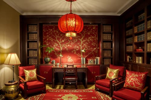 photo from pinterest of chinese new year-style interior designed (study room interior) with desk lamp and plant and writing desk and bookshelves and cabinets and lounge chair and office chair and desk lamp. . with zodiac calendar and door couplets and red and gold tassels and red fabric & pillows and chinese red lanterns and chinese knots and money tree and fai chun banners. . cinematic photo, highly detailed, cinematic lighting, ultra-detailed, ultrarealistic, photorealism, 8k. trending on pinterest. chinese new year interior design style. masterpiece, cinematic light, ultrarealistic+, photorealistic+, 8k, raw photo, realistic, sharp focus on eyes, (symmetrical eyes), (intact eyes), hyperrealistic, highest quality, best quality, , highly detailed, masterpiece, best quality, extremely detailed 8k wallpaper, masterpiece, best quality, ultra-detailed, best shadow, detailed background, detailed face, detailed eyes, high contrast, best illumination, detailed face, dulux, caustic, dynamic angle, detailed glow. dramatic lighting. highly detailed, insanely detailed hair, symmetrical, intricate details, professionally retouched, 8k high definition. strong bokeh. award winning photo.