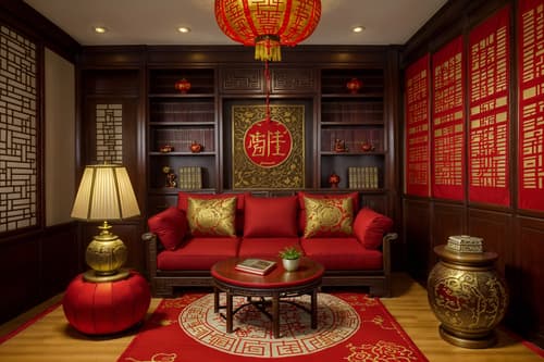 photo from pinterest of chinese new year-style interior designed (study room interior) with desk lamp and plant and writing desk and bookshelves and cabinets and lounge chair and office chair and desk lamp. . with zodiac calendar and door couplets and red and gold tassels and red fabric & pillows and chinese red lanterns and chinese knots and money tree and fai chun banners. . cinematic photo, highly detailed, cinematic lighting, ultra-detailed, ultrarealistic, photorealism, 8k. trending on pinterest. chinese new year interior design style. masterpiece, cinematic light, ultrarealistic+, photorealistic+, 8k, raw photo, realistic, sharp focus on eyes, (symmetrical eyes), (intact eyes), hyperrealistic, highest quality, best quality, , highly detailed, masterpiece, best quality, extremely detailed 8k wallpaper, masterpiece, best quality, ultra-detailed, best shadow, detailed background, detailed face, detailed eyes, high contrast, best illumination, detailed face, dulux, caustic, dynamic angle, detailed glow. dramatic lighting. highly detailed, insanely detailed hair, symmetrical, intricate details, professionally retouched, 8k high definition. strong bokeh. award winning photo.