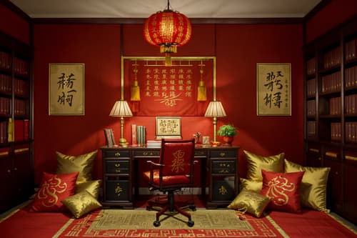 photo from pinterest of chinese new year-style interior designed (study room interior) with desk lamp and plant and writing desk and bookshelves and cabinets and lounge chair and office chair and desk lamp. . with zodiac calendar and door couplets and red and gold tassels and red fabric & pillows and chinese red lanterns and chinese knots and money tree and fai chun banners. . cinematic photo, highly detailed, cinematic lighting, ultra-detailed, ultrarealistic, photorealism, 8k. trending on pinterest. chinese new year interior design style. masterpiece, cinematic light, ultrarealistic+, photorealistic+, 8k, raw photo, realistic, sharp focus on eyes, (symmetrical eyes), (intact eyes), hyperrealistic, highest quality, best quality, , highly detailed, masterpiece, best quality, extremely detailed 8k wallpaper, masterpiece, best quality, ultra-detailed, best shadow, detailed background, detailed face, detailed eyes, high contrast, best illumination, detailed face, dulux, caustic, dynamic angle, detailed glow. dramatic lighting. highly detailed, insanely detailed hair, symmetrical, intricate details, professionally retouched, 8k high definition. strong bokeh. award winning photo.