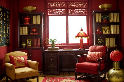 photo from pinterest of chinese new year-style interior designed (study room interior) with desk lamp and plant and writing desk and bookshelves and cabinets and lounge chair and office chair and desk lamp. . with zodiac calendar and door couplets and red and gold tassels and red fabric & pillows and chinese red lanterns and chinese knots and money tree and fai chun banners. . cinematic photo, highly detailed, cinematic lighting, ultra-detailed, ultrarealistic, photorealism, 8k. trending on pinterest. chinese new year interior design style. masterpiece, cinematic light, ultrarealistic+, photorealistic+, 8k, raw photo, realistic, sharp focus on eyes, (symmetrical eyes), (intact eyes), hyperrealistic, highest quality, best quality, , highly detailed, masterpiece, best quality, extremely detailed 8k wallpaper, masterpiece, best quality, ultra-detailed, best shadow, detailed background, detailed face, detailed eyes, high contrast, best illumination, detailed face, dulux, caustic, dynamic angle, detailed glow. dramatic lighting. highly detailed, insanely detailed hair, symmetrical, intricate details, professionally retouched, 8k high definition. strong bokeh. award winning photo.