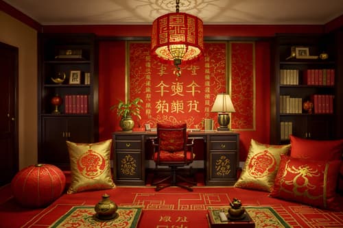 photo from pinterest of chinese new year-style interior designed (study room interior) with desk lamp and plant and writing desk and bookshelves and cabinets and lounge chair and office chair and desk lamp. . with zodiac calendar and door couplets and red and gold tassels and red fabric & pillows and chinese red lanterns and chinese knots and money tree and fai chun banners. . cinematic photo, highly detailed, cinematic lighting, ultra-detailed, ultrarealistic, photorealism, 8k. trending on pinterest. chinese new year interior design style. masterpiece, cinematic light, ultrarealistic+, photorealistic+, 8k, raw photo, realistic, sharp focus on eyes, (symmetrical eyes), (intact eyes), hyperrealistic, highest quality, best quality, , highly detailed, masterpiece, best quality, extremely detailed 8k wallpaper, masterpiece, best quality, ultra-detailed, best shadow, detailed background, detailed face, detailed eyes, high contrast, best illumination, detailed face, dulux, caustic, dynamic angle, detailed glow. dramatic lighting. highly detailed, insanely detailed hair, symmetrical, intricate details, professionally retouched, 8k high definition. strong bokeh. award winning photo.