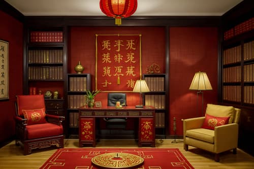 photo from pinterest of chinese new year-style interior designed (study room interior) with desk lamp and plant and writing desk and bookshelves and cabinets and lounge chair and office chair and desk lamp. . with zodiac calendar and door couplets and red and gold tassels and red fabric & pillows and chinese red lanterns and chinese knots and money tree and fai chun banners. . cinematic photo, highly detailed, cinematic lighting, ultra-detailed, ultrarealistic, photorealism, 8k. trending on pinterest. chinese new year interior design style. masterpiece, cinematic light, ultrarealistic+, photorealistic+, 8k, raw photo, realistic, sharp focus on eyes, (symmetrical eyes), (intact eyes), hyperrealistic, highest quality, best quality, , highly detailed, masterpiece, best quality, extremely detailed 8k wallpaper, masterpiece, best quality, ultra-detailed, best shadow, detailed background, detailed face, detailed eyes, high contrast, best illumination, detailed face, dulux, caustic, dynamic angle, detailed glow. dramatic lighting. highly detailed, insanely detailed hair, symmetrical, intricate details, professionally retouched, 8k high definition. strong bokeh. award winning photo.