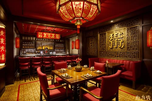 photo from pinterest of chinese new year-style interior designed (restaurant interior) with restaurant bar and restaurant chairs and restaurant dining tables and restaurant decor and restaurant bar. . with fai chun banners and chinese red lanterns and chinese knots and gold ingots and red and gold candles and vases of plum blossoms and orchids and door couplets and paper cuttings. . cinematic photo, highly detailed, cinematic lighting, ultra-detailed, ultrarealistic, photorealism, 8k. trending on pinterest. chinese new year interior design style. masterpiece, cinematic light, ultrarealistic+, photorealistic+, 8k, raw photo, realistic, sharp focus on eyes, (symmetrical eyes), (intact eyes), hyperrealistic, highest quality, best quality, , highly detailed, masterpiece, best quality, extremely detailed 8k wallpaper, masterpiece, best quality, ultra-detailed, best shadow, detailed background, detailed face, detailed eyes, high contrast, best illumination, detailed face, dulux, caustic, dynamic angle, detailed glow. dramatic lighting. highly detailed, insanely detailed hair, symmetrical, intricate details, professionally retouched, 8k high definition. strong bokeh. award winning photo.
