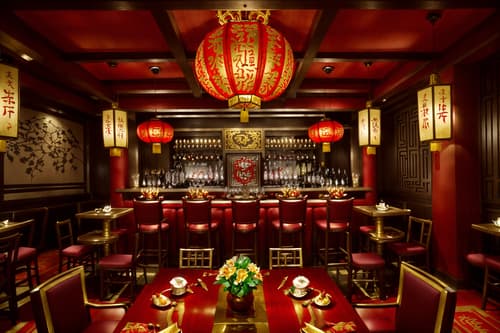 photo from pinterest of chinese new year-style interior designed (restaurant interior) with restaurant bar and restaurant chairs and restaurant dining tables and restaurant decor and restaurant bar. . with fai chun banners and chinese red lanterns and chinese knots and gold ingots and red and gold candles and vases of plum blossoms and orchids and door couplets and paper cuttings. . cinematic photo, highly detailed, cinematic lighting, ultra-detailed, ultrarealistic, photorealism, 8k. trending on pinterest. chinese new year interior design style. masterpiece, cinematic light, ultrarealistic+, photorealistic+, 8k, raw photo, realistic, sharp focus on eyes, (symmetrical eyes), (intact eyes), hyperrealistic, highest quality, best quality, , highly detailed, masterpiece, best quality, extremely detailed 8k wallpaper, masterpiece, best quality, ultra-detailed, best shadow, detailed background, detailed face, detailed eyes, high contrast, best illumination, detailed face, dulux, caustic, dynamic angle, detailed glow. dramatic lighting. highly detailed, insanely detailed hair, symmetrical, intricate details, professionally retouched, 8k high definition. strong bokeh. award winning photo.