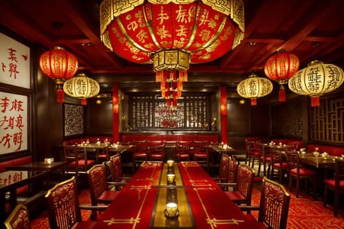 photo from pinterest of chinese new year-style interior designed (restaurant interior) with restaurant bar and restaurant chairs and restaurant dining tables and restaurant decor and restaurant bar. . with fai chun banners and chinese red lanterns and chinese knots and gold ingots and red and gold candles and vases of plum blossoms and orchids and door couplets and paper cuttings. . cinematic photo, highly detailed, cinematic lighting, ultra-detailed, ultrarealistic, photorealism, 8k. trending on pinterest. chinese new year interior design style. masterpiece, cinematic light, ultrarealistic+, photorealistic+, 8k, raw photo, realistic, sharp focus on eyes, (symmetrical eyes), (intact eyes), hyperrealistic, highest quality, best quality, , highly detailed, masterpiece, best quality, extremely detailed 8k wallpaper, masterpiece, best quality, ultra-detailed, best shadow, detailed background, detailed face, detailed eyes, high contrast, best illumination, detailed face, dulux, caustic, dynamic angle, detailed glow. dramatic lighting. highly detailed, insanely detailed hair, symmetrical, intricate details, professionally retouched, 8k high definition. strong bokeh. award winning photo.
