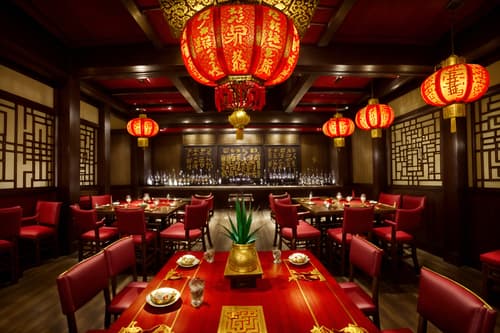 photo from pinterest of chinese new year-style interior designed (restaurant interior) with restaurant bar and restaurant chairs and restaurant dining tables and restaurant decor and restaurant bar. . with fai chun banners and chinese red lanterns and chinese knots and gold ingots and red and gold candles and vases of plum blossoms and orchids and door couplets and paper cuttings. . cinematic photo, highly detailed, cinematic lighting, ultra-detailed, ultrarealistic, photorealism, 8k. trending on pinterest. chinese new year interior design style. masterpiece, cinematic light, ultrarealistic+, photorealistic+, 8k, raw photo, realistic, sharp focus on eyes, (symmetrical eyes), (intact eyes), hyperrealistic, highest quality, best quality, , highly detailed, masterpiece, best quality, extremely detailed 8k wallpaper, masterpiece, best quality, ultra-detailed, best shadow, detailed background, detailed face, detailed eyes, high contrast, best illumination, detailed face, dulux, caustic, dynamic angle, detailed glow. dramatic lighting. highly detailed, insanely detailed hair, symmetrical, intricate details, professionally retouched, 8k high definition. strong bokeh. award winning photo.