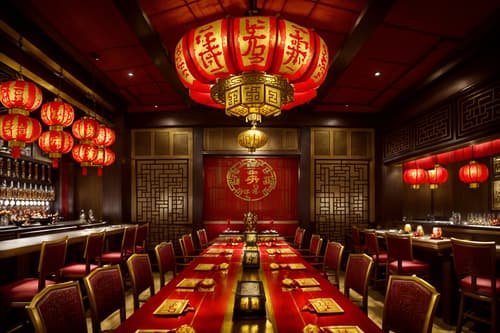 photo from pinterest of chinese new year-style interior designed (restaurant interior) with restaurant bar and restaurant chairs and restaurant dining tables and restaurant decor and restaurant bar. . with fai chun banners and chinese red lanterns and chinese knots and gold ingots and red and gold candles and vases of plum blossoms and orchids and door couplets and paper cuttings. . cinematic photo, highly detailed, cinematic lighting, ultra-detailed, ultrarealistic, photorealism, 8k. trending on pinterest. chinese new year interior design style. masterpiece, cinematic light, ultrarealistic+, photorealistic+, 8k, raw photo, realistic, sharp focus on eyes, (symmetrical eyes), (intact eyes), hyperrealistic, highest quality, best quality, , highly detailed, masterpiece, best quality, extremely detailed 8k wallpaper, masterpiece, best quality, ultra-detailed, best shadow, detailed background, detailed face, detailed eyes, high contrast, best illumination, detailed face, dulux, caustic, dynamic angle, detailed glow. dramatic lighting. highly detailed, insanely detailed hair, symmetrical, intricate details, professionally retouched, 8k high definition. strong bokeh. award winning photo.