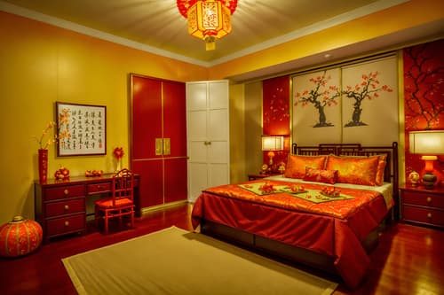 photo from pinterest of chinese new year-style interior designed (kids room interior) with kids desk and dresser closet and mirror and storage bench or ottoman and plant and accent chair and bed and headboard. . with red and gold candles and kumquat trees and chinese knots and vases of plum blossoms and orchids and door couplets and gold ingots and orange trees and paper cuttings. . cinematic photo, highly detailed, cinematic lighting, ultra-detailed, ultrarealistic, photorealism, 8k. trending on pinterest. chinese new year interior design style. masterpiece, cinematic light, ultrarealistic+, photorealistic+, 8k, raw photo, realistic, sharp focus on eyes, (symmetrical eyes), (intact eyes), hyperrealistic, highest quality, best quality, , highly detailed, masterpiece, best quality, extremely detailed 8k wallpaper, masterpiece, best quality, ultra-detailed, best shadow, detailed background, detailed face, detailed eyes, high contrast, best illumination, detailed face, dulux, caustic, dynamic angle, detailed glow. dramatic lighting. highly detailed, insanely detailed hair, symmetrical, intricate details, professionally retouched, 8k high definition. strong bokeh. award winning photo.