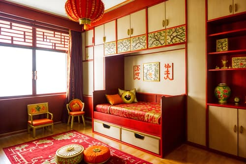 photo from pinterest of chinese new year-style interior designed (kids room interior) with kids desk and dresser closet and mirror and storage bench or ottoman and plant and accent chair and bed and headboard. . with red and gold candles and kumquat trees and chinese knots and vases of plum blossoms and orchids and door couplets and gold ingots and orange trees and paper cuttings. . cinematic photo, highly detailed, cinematic lighting, ultra-detailed, ultrarealistic, photorealism, 8k. trending on pinterest. chinese new year interior design style. masterpiece, cinematic light, ultrarealistic+, photorealistic+, 8k, raw photo, realistic, sharp focus on eyes, (symmetrical eyes), (intact eyes), hyperrealistic, highest quality, best quality, , highly detailed, masterpiece, best quality, extremely detailed 8k wallpaper, masterpiece, best quality, ultra-detailed, best shadow, detailed background, detailed face, detailed eyes, high contrast, best illumination, detailed face, dulux, caustic, dynamic angle, detailed glow. dramatic lighting. highly detailed, insanely detailed hair, symmetrical, intricate details, professionally retouched, 8k high definition. strong bokeh. award winning photo.