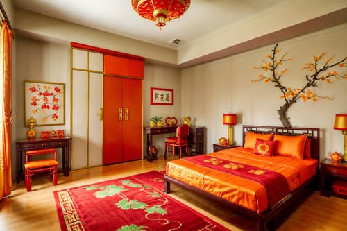 photo from pinterest of chinese new year-style interior designed (kids room interior) with kids desk and dresser closet and mirror and storage bench or ottoman and plant and accent chair and bed and headboard. . with red and gold candles and kumquat trees and chinese knots and vases of plum blossoms and orchids and door couplets and gold ingots and orange trees and paper cuttings. . cinematic photo, highly detailed, cinematic lighting, ultra-detailed, ultrarealistic, photorealism, 8k. trending on pinterest. chinese new year interior design style. masterpiece, cinematic light, ultrarealistic+, photorealistic+, 8k, raw photo, realistic, sharp focus on eyes, (symmetrical eyes), (intact eyes), hyperrealistic, highest quality, best quality, , highly detailed, masterpiece, best quality, extremely detailed 8k wallpaper, masterpiece, best quality, ultra-detailed, best shadow, detailed background, detailed face, detailed eyes, high contrast, best illumination, detailed face, dulux, caustic, dynamic angle, detailed glow. dramatic lighting. highly detailed, insanely detailed hair, symmetrical, intricate details, professionally retouched, 8k high definition. strong bokeh. award winning photo.