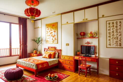 photo from pinterest of chinese new year-style interior designed (kids room interior) with kids desk and dresser closet and mirror and storage bench or ottoman and plant and accent chair and bed and headboard. . with red and gold candles and kumquat trees and chinese knots and vases of plum blossoms and orchids and door couplets and gold ingots and orange trees and paper cuttings. . cinematic photo, highly detailed, cinematic lighting, ultra-detailed, ultrarealistic, photorealism, 8k. trending on pinterest. chinese new year interior design style. masterpiece, cinematic light, ultrarealistic+, photorealistic+, 8k, raw photo, realistic, sharp focus on eyes, (symmetrical eyes), (intact eyes), hyperrealistic, highest quality, best quality, , highly detailed, masterpiece, best quality, extremely detailed 8k wallpaper, masterpiece, best quality, ultra-detailed, best shadow, detailed background, detailed face, detailed eyes, high contrast, best illumination, detailed face, dulux, caustic, dynamic angle, detailed glow. dramatic lighting. highly detailed, insanely detailed hair, symmetrical, intricate details, professionally retouched, 8k high definition. strong bokeh. award winning photo.