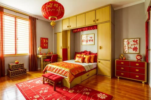 photo from pinterest of chinese new year-style interior designed (kids room interior) with kids desk and dresser closet and mirror and storage bench or ottoman and plant and accent chair and bed and headboard. . with red and gold candles and kumquat trees and chinese knots and vases of plum blossoms and orchids and door couplets and gold ingots and orange trees and paper cuttings. . cinematic photo, highly detailed, cinematic lighting, ultra-detailed, ultrarealistic, photorealism, 8k. trending on pinterest. chinese new year interior design style. masterpiece, cinematic light, ultrarealistic+, photorealistic+, 8k, raw photo, realistic, sharp focus on eyes, (symmetrical eyes), (intact eyes), hyperrealistic, highest quality, best quality, , highly detailed, masterpiece, best quality, extremely detailed 8k wallpaper, masterpiece, best quality, ultra-detailed, best shadow, detailed background, detailed face, detailed eyes, high contrast, best illumination, detailed face, dulux, caustic, dynamic angle, detailed glow. dramatic lighting. highly detailed, insanely detailed hair, symmetrical, intricate details, professionally retouched, 8k high definition. strong bokeh. award winning photo.