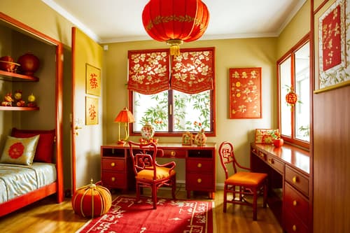 photo from pinterest of chinese new year-style interior designed (kids room interior) with kids desk and dresser closet and mirror and storage bench or ottoman and plant and accent chair and bed and headboard. . with red and gold candles and kumquat trees and chinese knots and vases of plum blossoms and orchids and door couplets and gold ingots and orange trees and paper cuttings. . cinematic photo, highly detailed, cinematic lighting, ultra-detailed, ultrarealistic, photorealism, 8k. trending on pinterest. chinese new year interior design style. masterpiece, cinematic light, ultrarealistic+, photorealistic+, 8k, raw photo, realistic, sharp focus on eyes, (symmetrical eyes), (intact eyes), hyperrealistic, highest quality, best quality, , highly detailed, masterpiece, best quality, extremely detailed 8k wallpaper, masterpiece, best quality, ultra-detailed, best shadow, detailed background, detailed face, detailed eyes, high contrast, best illumination, detailed face, dulux, caustic, dynamic angle, detailed glow. dramatic lighting. highly detailed, insanely detailed hair, symmetrical, intricate details, professionally retouched, 8k high definition. strong bokeh. award winning photo.