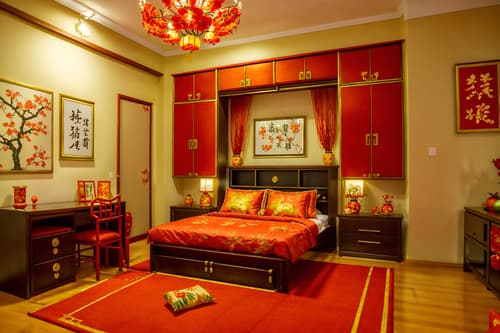 photo from pinterest of chinese new year-style interior designed (kids room interior) with kids desk and dresser closet and mirror and storage bench or ottoman and plant and accent chair and bed and headboard. . with red and gold candles and kumquat trees and chinese knots and vases of plum blossoms and orchids and door couplets and gold ingots and orange trees and paper cuttings. . cinematic photo, highly detailed, cinematic lighting, ultra-detailed, ultrarealistic, photorealism, 8k. trending on pinterest. chinese new year interior design style. masterpiece, cinematic light, ultrarealistic+, photorealistic+, 8k, raw photo, realistic, sharp focus on eyes, (symmetrical eyes), (intact eyes), hyperrealistic, highest quality, best quality, , highly detailed, masterpiece, best quality, extremely detailed 8k wallpaper, masterpiece, best quality, ultra-detailed, best shadow, detailed background, detailed face, detailed eyes, high contrast, best illumination, detailed face, dulux, caustic, dynamic angle, detailed glow. dramatic lighting. highly detailed, insanely detailed hair, symmetrical, intricate details, professionally retouched, 8k high definition. strong bokeh. award winning photo.