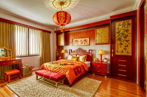 photo from pinterest of chinese new year-style interior designed (kids room interior) with kids desk and dresser closet and mirror and storage bench or ottoman and plant and accent chair and bed and headboard. . with red and gold candles and kumquat trees and chinese knots and vases of plum blossoms and orchids and door couplets and gold ingots and orange trees and paper cuttings. . cinematic photo, highly detailed, cinematic lighting, ultra-detailed, ultrarealistic, photorealism, 8k. trending on pinterest. chinese new year interior design style. masterpiece, cinematic light, ultrarealistic+, photorealistic+, 8k, raw photo, realistic, sharp focus on eyes, (symmetrical eyes), (intact eyes), hyperrealistic, highest quality, best quality, , highly detailed, masterpiece, best quality, extremely detailed 8k wallpaper, masterpiece, best quality, ultra-detailed, best shadow, detailed background, detailed face, detailed eyes, high contrast, best illumination, detailed face, dulux, caustic, dynamic angle, detailed glow. dramatic lighting. highly detailed, insanely detailed hair, symmetrical, intricate details, professionally retouched, 8k high definition. strong bokeh. award winning photo.