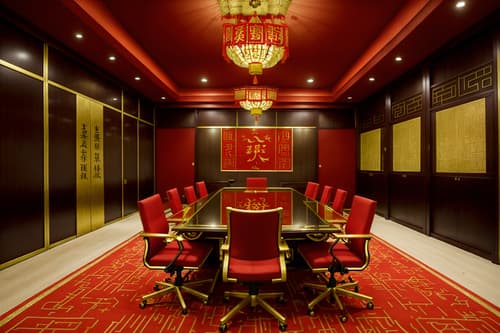 photo from pinterest of chinese new year-style interior designed (meeting room interior) with cabinets and office chairs and vase and glass walls and painting or photo on wall and boardroom table and glass doors and plant. . with red and gold candles and gold ingots and kumquat trees and zodiac calendar and paper firecrackers and chinese knots and red and gold tassels and door couplets. . cinematic photo, highly detailed, cinematic lighting, ultra-detailed, ultrarealistic, photorealism, 8k. trending on pinterest. chinese new year interior design style. masterpiece, cinematic light, ultrarealistic+, photorealistic+, 8k, raw photo, realistic, sharp focus on eyes, (symmetrical eyes), (intact eyes), hyperrealistic, highest quality, best quality, , highly detailed, masterpiece, best quality, extremely detailed 8k wallpaper, masterpiece, best quality, ultra-detailed, best shadow, detailed background, detailed face, detailed eyes, high contrast, best illumination, detailed face, dulux, caustic, dynamic angle, detailed glow. dramatic lighting. highly detailed, insanely detailed hair, symmetrical, intricate details, professionally retouched, 8k high definition. strong bokeh. award winning photo.