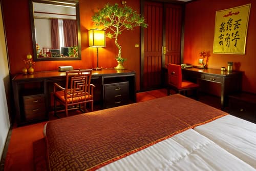 photo from pinterest of chinese new year-style interior designed (hotel room interior) with storage bench or ottoman and working desk with desk chair and hotel bathroom and headboard and night light and mirror and dresser closet and bed. . with door couplets and red and gold candles and gold ingots and kumquat trees and orange trees and fai chun banners and chinese knots and vases of plum blossoms and orchids. . cinematic photo, highly detailed, cinematic lighting, ultra-detailed, ultrarealistic, photorealism, 8k. trending on pinterest. chinese new year interior design style. masterpiece, cinematic light, ultrarealistic+, photorealistic+, 8k, raw photo, realistic, sharp focus on eyes, (symmetrical eyes), (intact eyes), hyperrealistic, highest quality, best quality, , highly detailed, masterpiece, best quality, extremely detailed 8k wallpaper, masterpiece, best quality, ultra-detailed, best shadow, detailed background, detailed face, detailed eyes, high contrast, best illumination, detailed face, dulux, caustic, dynamic angle, detailed glow. dramatic lighting. highly detailed, insanely detailed hair, symmetrical, intricate details, professionally retouched, 8k high definition. strong bokeh. award winning photo.