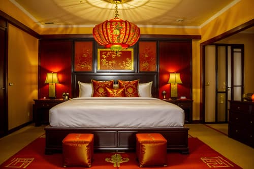 photo from pinterest of chinese new year-style interior designed (hotel room interior) with storage bench or ottoman and working desk with desk chair and hotel bathroom and headboard and night light and mirror and dresser closet and bed. . with door couplets and red and gold candles and gold ingots and kumquat trees and orange trees and fai chun banners and chinese knots and vases of plum blossoms and orchids. . cinematic photo, highly detailed, cinematic lighting, ultra-detailed, ultrarealistic, photorealism, 8k. trending on pinterest. chinese new year interior design style. masterpiece, cinematic light, ultrarealistic+, photorealistic+, 8k, raw photo, realistic, sharp focus on eyes, (symmetrical eyes), (intact eyes), hyperrealistic, highest quality, best quality, , highly detailed, masterpiece, best quality, extremely detailed 8k wallpaper, masterpiece, best quality, ultra-detailed, best shadow, detailed background, detailed face, detailed eyes, high contrast, best illumination, detailed face, dulux, caustic, dynamic angle, detailed glow. dramatic lighting. highly detailed, insanely detailed hair, symmetrical, intricate details, professionally retouched, 8k high definition. strong bokeh. award winning photo.
