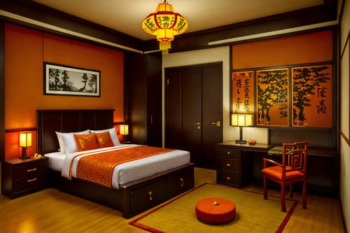 photo from pinterest of chinese new year-style interior designed (hotel room interior) with storage bench or ottoman and working desk with desk chair and hotel bathroom and headboard and night light and mirror and dresser closet and bed. . with door couplets and red and gold candles and gold ingots and kumquat trees and orange trees and fai chun banners and chinese knots and vases of plum blossoms and orchids. . cinematic photo, highly detailed, cinematic lighting, ultra-detailed, ultrarealistic, photorealism, 8k. trending on pinterest. chinese new year interior design style. masterpiece, cinematic light, ultrarealistic+, photorealistic+, 8k, raw photo, realistic, sharp focus on eyes, (symmetrical eyes), (intact eyes), hyperrealistic, highest quality, best quality, , highly detailed, masterpiece, best quality, extremely detailed 8k wallpaper, masterpiece, best quality, ultra-detailed, best shadow, detailed background, detailed face, detailed eyes, high contrast, best illumination, detailed face, dulux, caustic, dynamic angle, detailed glow. dramatic lighting. highly detailed, insanely detailed hair, symmetrical, intricate details, professionally retouched, 8k high definition. strong bokeh. award winning photo.