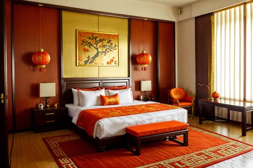 photo from pinterest of chinese new year-style interior designed (hotel room interior) with storage bench or ottoman and working desk with desk chair and hotel bathroom and headboard and night light and mirror and dresser closet and bed. . with door couplets and red and gold candles and gold ingots and kumquat trees and orange trees and fai chun banners and chinese knots and vases of plum blossoms and orchids. . cinematic photo, highly detailed, cinematic lighting, ultra-detailed, ultrarealistic, photorealism, 8k. trending on pinterest. chinese new year interior design style. masterpiece, cinematic light, ultrarealistic+, photorealistic+, 8k, raw photo, realistic, sharp focus on eyes, (symmetrical eyes), (intact eyes), hyperrealistic, highest quality, best quality, , highly detailed, masterpiece, best quality, extremely detailed 8k wallpaper, masterpiece, best quality, ultra-detailed, best shadow, detailed background, detailed face, detailed eyes, high contrast, best illumination, detailed face, dulux, caustic, dynamic angle, detailed glow. dramatic lighting. highly detailed, insanely detailed hair, symmetrical, intricate details, professionally retouched, 8k high definition. strong bokeh. award winning photo.