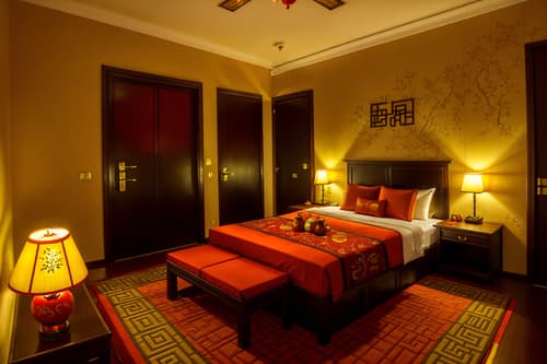 photo from pinterest of chinese new year-style interior designed (hotel room interior) with storage bench or ottoman and working desk with desk chair and hotel bathroom and headboard and night light and mirror and dresser closet and bed. . with door couplets and red and gold candles and gold ingots and kumquat trees and orange trees and fai chun banners and chinese knots and vases of plum blossoms and orchids. . cinematic photo, highly detailed, cinematic lighting, ultra-detailed, ultrarealistic, photorealism, 8k. trending on pinterest. chinese new year interior design style. masterpiece, cinematic light, ultrarealistic+, photorealistic+, 8k, raw photo, realistic, sharp focus on eyes, (symmetrical eyes), (intact eyes), hyperrealistic, highest quality, best quality, , highly detailed, masterpiece, best quality, extremely detailed 8k wallpaper, masterpiece, best quality, ultra-detailed, best shadow, detailed background, detailed face, detailed eyes, high contrast, best illumination, detailed face, dulux, caustic, dynamic angle, detailed glow. dramatic lighting. highly detailed, insanely detailed hair, symmetrical, intricate details, professionally retouched, 8k high definition. strong bokeh. award winning photo.