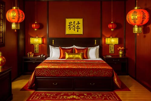 photo from pinterest of chinese new year-style interior designed (hotel room interior) with storage bench or ottoman and working desk with desk chair and hotel bathroom and headboard and night light and mirror and dresser closet and bed. . with door couplets and red and gold candles and gold ingots and kumquat trees and orange trees and fai chun banners and chinese knots and vases of plum blossoms and orchids. . cinematic photo, highly detailed, cinematic lighting, ultra-detailed, ultrarealistic, photorealism, 8k. trending on pinterest. chinese new year interior design style. masterpiece, cinematic light, ultrarealistic+, photorealistic+, 8k, raw photo, realistic, sharp focus on eyes, (symmetrical eyes), (intact eyes), hyperrealistic, highest quality, best quality, , highly detailed, masterpiece, best quality, extremely detailed 8k wallpaper, masterpiece, best quality, ultra-detailed, best shadow, detailed background, detailed face, detailed eyes, high contrast, best illumination, detailed face, dulux, caustic, dynamic angle, detailed glow. dramatic lighting. highly detailed, insanely detailed hair, symmetrical, intricate details, professionally retouched, 8k high definition. strong bokeh. award winning photo.