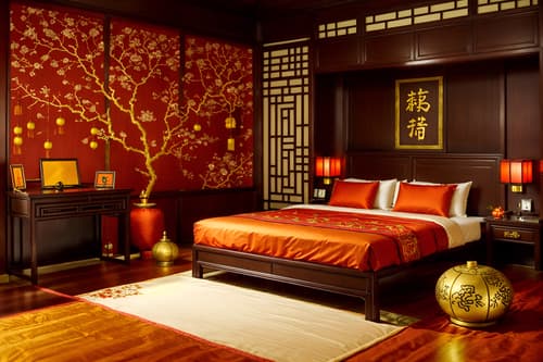 photo from pinterest of chinese new year-style interior designed (hotel room interior) with storage bench or ottoman and working desk with desk chair and hotel bathroom and headboard and night light and mirror and dresser closet and bed. . with door couplets and red and gold candles and gold ingots and kumquat trees and orange trees and fai chun banners and chinese knots and vases of plum blossoms and orchids. . cinematic photo, highly detailed, cinematic lighting, ultra-detailed, ultrarealistic, photorealism, 8k. trending on pinterest. chinese new year interior design style. masterpiece, cinematic light, ultrarealistic+, photorealistic+, 8k, raw photo, realistic, sharp focus on eyes, (symmetrical eyes), (intact eyes), hyperrealistic, highest quality, best quality, , highly detailed, masterpiece, best quality, extremely detailed 8k wallpaper, masterpiece, best quality, ultra-detailed, best shadow, detailed background, detailed face, detailed eyes, high contrast, best illumination, detailed face, dulux, caustic, dynamic angle, detailed glow. dramatic lighting. highly detailed, insanely detailed hair, symmetrical, intricate details, professionally retouched, 8k high definition. strong bokeh. award winning photo.