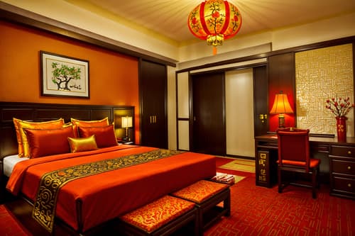 photo from pinterest of chinese new year-style interior designed (hotel room interior) with storage bench or ottoman and working desk with desk chair and hotel bathroom and headboard and night light and mirror and dresser closet and bed. . with door couplets and red and gold candles and gold ingots and kumquat trees and orange trees and fai chun banners and chinese knots and vases of plum blossoms and orchids. . cinematic photo, highly detailed, cinematic lighting, ultra-detailed, ultrarealistic, photorealism, 8k. trending on pinterest. chinese new year interior design style. masterpiece, cinematic light, ultrarealistic+, photorealistic+, 8k, raw photo, realistic, sharp focus on eyes, (symmetrical eyes), (intact eyes), hyperrealistic, highest quality, best quality, , highly detailed, masterpiece, best quality, extremely detailed 8k wallpaper, masterpiece, best quality, ultra-detailed, best shadow, detailed background, detailed face, detailed eyes, high contrast, best illumination, detailed face, dulux, caustic, dynamic angle, detailed glow. dramatic lighting. highly detailed, insanely detailed hair, symmetrical, intricate details, professionally retouched, 8k high definition. strong bokeh. award winning photo.