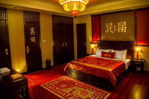 photo from pinterest of chinese new year-style interior designed (hotel room interior) with storage bench or ottoman and working desk with desk chair and hotel bathroom and headboard and night light and mirror and dresser closet and bed. . with door couplets and red and gold candles and gold ingots and kumquat trees and orange trees and fai chun banners and chinese knots and vases of plum blossoms and orchids. . cinematic photo, highly detailed, cinematic lighting, ultra-detailed, ultrarealistic, photorealism, 8k. trending on pinterest. chinese new year interior design style. masterpiece, cinematic light, ultrarealistic+, photorealistic+, 8k, raw photo, realistic, sharp focus on eyes, (symmetrical eyes), (intact eyes), hyperrealistic, highest quality, best quality, , highly detailed, masterpiece, best quality, extremely detailed 8k wallpaper, masterpiece, best quality, ultra-detailed, best shadow, detailed background, detailed face, detailed eyes, high contrast, best illumination, detailed face, dulux, caustic, dynamic angle, detailed glow. dramatic lighting. highly detailed, insanely detailed hair, symmetrical, intricate details, professionally retouched, 8k high definition. strong bokeh. award winning photo.