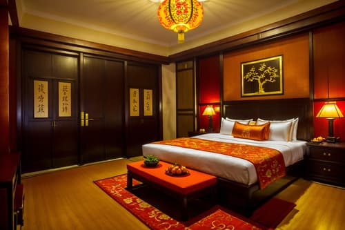 photo from pinterest of chinese new year-style interior designed (hotel room interior) with storage bench or ottoman and working desk with desk chair and hotel bathroom and headboard and night light and mirror and dresser closet and bed. . with door couplets and red and gold candles and gold ingots and kumquat trees and orange trees and fai chun banners and chinese knots and vases of plum blossoms and orchids. . cinematic photo, highly detailed, cinematic lighting, ultra-detailed, ultrarealistic, photorealism, 8k. trending on pinterest. chinese new year interior design style. masterpiece, cinematic light, ultrarealistic+, photorealistic+, 8k, raw photo, realistic, sharp focus on eyes, (symmetrical eyes), (intact eyes), hyperrealistic, highest quality, best quality, , highly detailed, masterpiece, best quality, extremely detailed 8k wallpaper, masterpiece, best quality, ultra-detailed, best shadow, detailed background, detailed face, detailed eyes, high contrast, best illumination, detailed face, dulux, caustic, dynamic angle, detailed glow. dramatic lighting. highly detailed, insanely detailed hair, symmetrical, intricate details, professionally retouched, 8k high definition. strong bokeh. award winning photo.