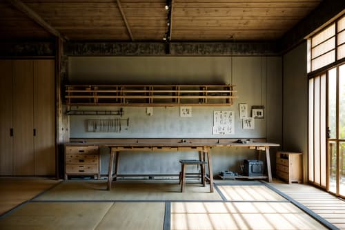 photo from pinterest of zen-style interior designed (workshop interior) with tool wall and wooden workbench and messy and tool wall. . with clean lines and natural light and serenity and harmony and japanese minimalist interior and mimimalist and simplicity and asian zen interior and asian zen interior. . cinematic photo, highly detailed, cinematic lighting, ultra-detailed, ultrarealistic, photorealism, 8k. trending on pinterest. zen interior design style. masterpiece, cinematic light, ultrarealistic+, photorealistic+, 8k, raw photo, realistic, sharp focus on eyes, (symmetrical eyes), (intact eyes), hyperrealistic, highest quality, best quality, , highly detailed, masterpiece, best quality, extremely detailed 8k wallpaper, masterpiece, best quality, ultra-detailed, best shadow, detailed background, detailed face, detailed eyes, high contrast, best illumination, detailed face, dulux, caustic, dynamic angle, detailed glow. dramatic lighting. highly detailed, insanely detailed hair, symmetrical, intricate details, professionally retouched, 8k high definition. strong bokeh. award winning photo.
