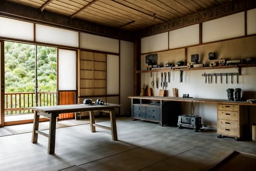 photo from pinterest of zen-style interior designed (workshop interior) with tool wall and wooden workbench and messy and tool wall. . with clean lines and natural light and serenity and harmony and japanese minimalist interior and mimimalist and simplicity and asian zen interior and asian zen interior. . cinematic photo, highly detailed, cinematic lighting, ultra-detailed, ultrarealistic, photorealism, 8k. trending on pinterest. zen interior design style. masterpiece, cinematic light, ultrarealistic+, photorealistic+, 8k, raw photo, realistic, sharp focus on eyes, (symmetrical eyes), (intact eyes), hyperrealistic, highest quality, best quality, , highly detailed, masterpiece, best quality, extremely detailed 8k wallpaper, masterpiece, best quality, ultra-detailed, best shadow, detailed background, detailed face, detailed eyes, high contrast, best illumination, detailed face, dulux, caustic, dynamic angle, detailed glow. dramatic lighting. highly detailed, insanely detailed hair, symmetrical, intricate details, professionally retouched, 8k high definition. strong bokeh. award winning photo.