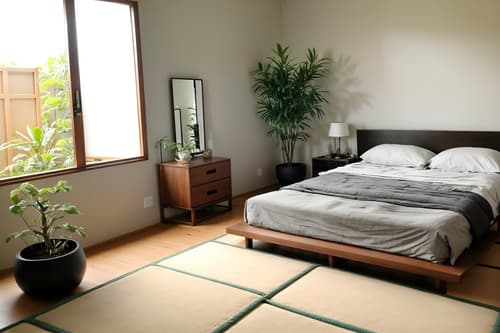 photo from pinterest of zen-style interior designed (bedroom interior) with accent chair and dresser closet and bedside table or night stand and bed and plant and storage bench or ottoman and headboard and mirror. . with asian interior and natural light and japanese minimalist interior and japanese minimalist interior and mimimalist and japanese interior and simplicity and calm and neutral colors. . cinematic photo, highly detailed, cinematic lighting, ultra-detailed, ultrarealistic, photorealism, 8k. trending on pinterest. zen interior design style. masterpiece, cinematic light, ultrarealistic+, photorealistic+, 8k, raw photo, realistic, sharp focus on eyes, (symmetrical eyes), (intact eyes), hyperrealistic, highest quality, best quality, , highly detailed, masterpiece, best quality, extremely detailed 8k wallpaper, masterpiece, best quality, ultra-detailed, best shadow, detailed background, detailed face, detailed eyes, high contrast, best illumination, detailed face, dulux, caustic, dynamic angle, detailed glow. dramatic lighting. highly detailed, insanely detailed hair, symmetrical, intricate details, professionally retouched, 8k high definition. strong bokeh. award winning photo.