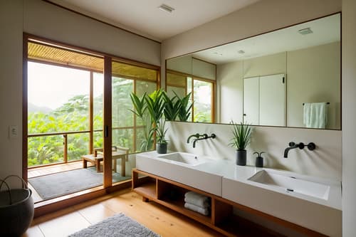 photo from pinterest of zen-style interior designed (bathroom interior) with bath rail and shower and bathroom cabinet and plant and bath towel and waste basket and mirror and bathroom sink with faucet. . with asian zen interior and simple furniture and simplicity and serenity and harmony and asian zen interior and japanese minimalist interior and clutter free and japanese minimalist interior. . cinematic photo, highly detailed, cinematic lighting, ultra-detailed, ultrarealistic, photorealism, 8k. trending on pinterest. zen interior design style. masterpiece, cinematic light, ultrarealistic+, photorealistic+, 8k, raw photo, realistic, sharp focus on eyes, (symmetrical eyes), (intact eyes), hyperrealistic, highest quality, best quality, , highly detailed, masterpiece, best quality, extremely detailed 8k wallpaper, masterpiece, best quality, ultra-detailed, best shadow, detailed background, detailed face, detailed eyes, high contrast, best illumination, detailed face, dulux, caustic, dynamic angle, detailed glow. dramatic lighting. highly detailed, insanely detailed hair, symmetrical, intricate details, professionally retouched, 8k high definition. strong bokeh. award winning photo.